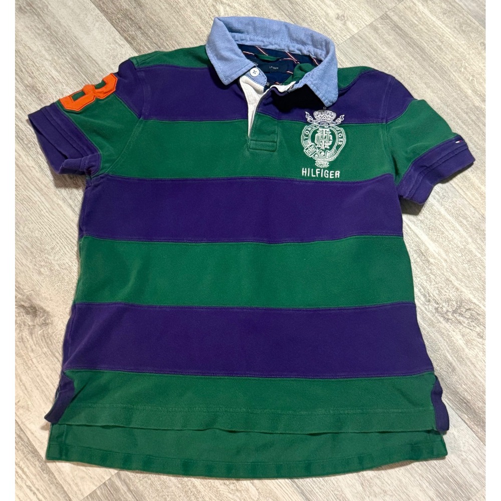 Tommy Hilfiger‎ Rugby Shirt Green Purple Stripe Slim Fit Collared Size S P